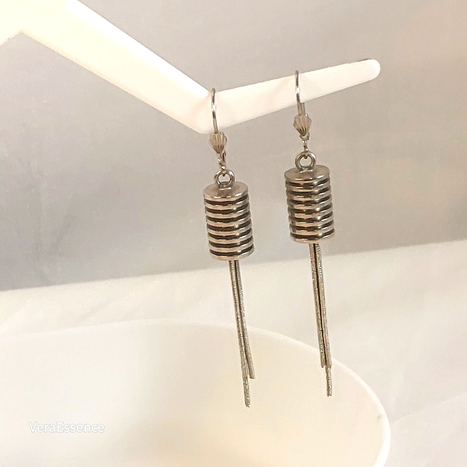 Vintage Coil Tassel Earrings Silver Tone Modernist Brutalist Pierced